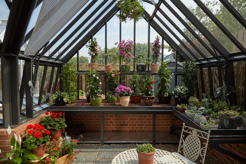 Victorian greenhouse benching and folding shelves